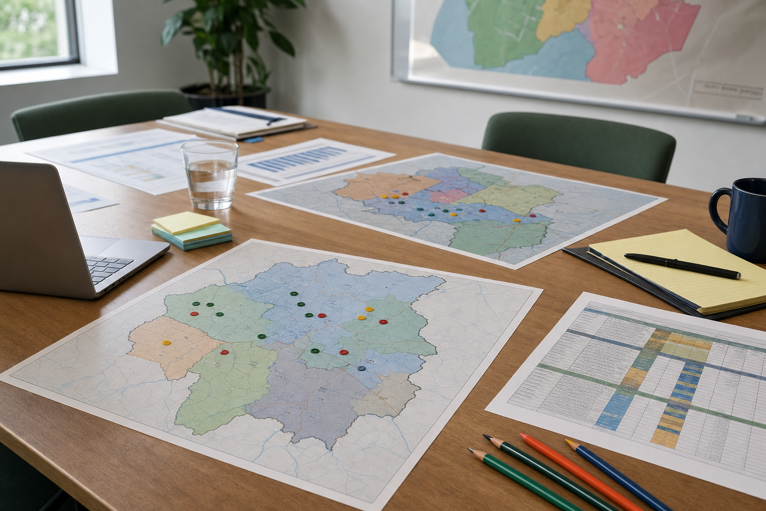 Enrollment planning documents and district maps on a conference table